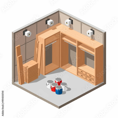 Interior design project with wooden closet and paint cans.