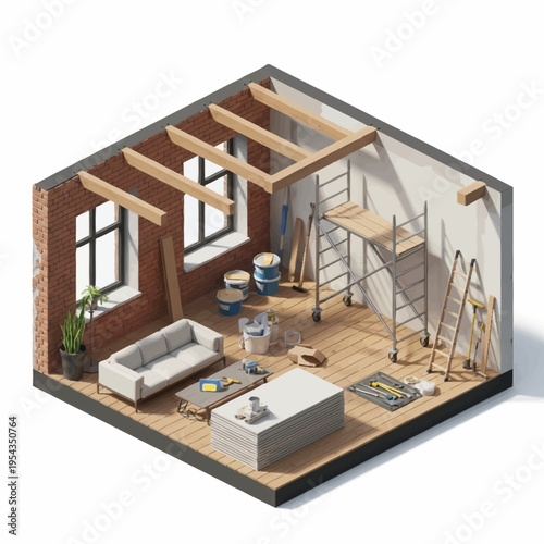 Interior renovation in progress with furniture and tools.