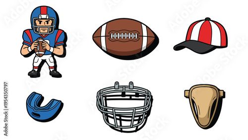American Football Player and Essential Gear Vector Illustration Set