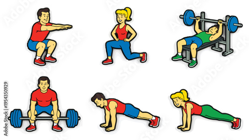 Workout and Fitness Exercise Illustrations Set: Men and women performing squats, lunges, bench press, deadlifts, and planks for gym routines.