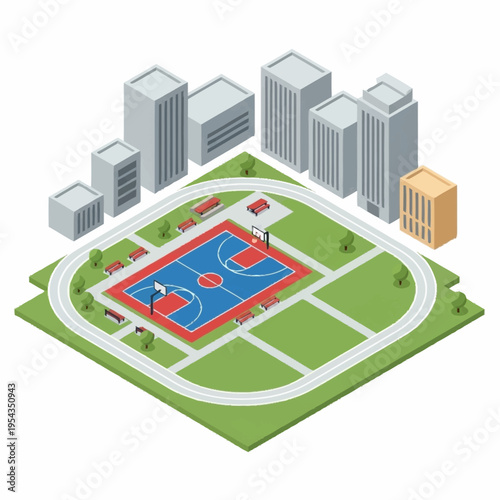 Isometric Cityscape with Basketball Court and Urban Buildings.