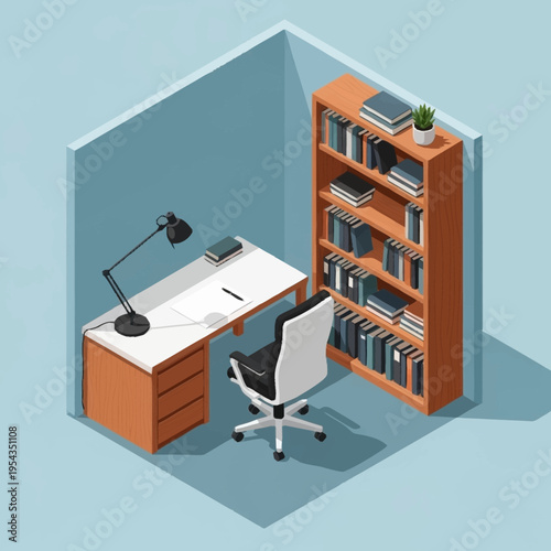 Isometric Home Office Setup with Desk Chair and Bookshelf.