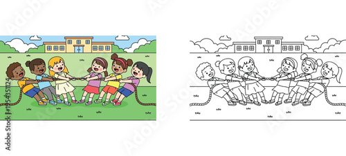 Group of diverse children playing tug of war on a school playground, coloring book page and full color illustration set