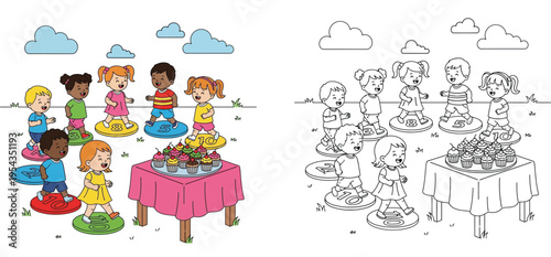 Diverse children playing a fun number counting game with cupcakes, coloring book page and full color illustration set