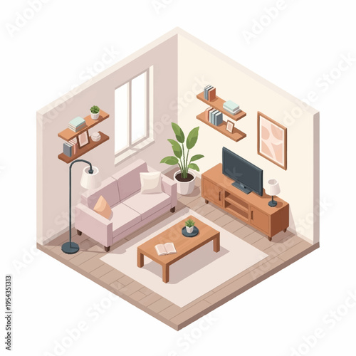 Isometric view of a cozy living room with modern furniture and decor.
