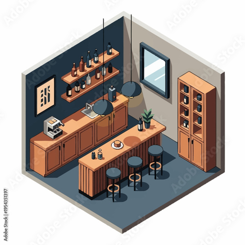 Isometric View of a Modern Home Bar and Kitchenette Interior Design.