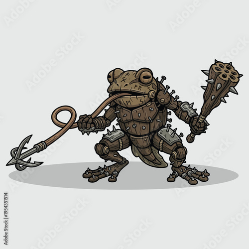 Armored Fantasy Frog Warrior with Club and Harpoon