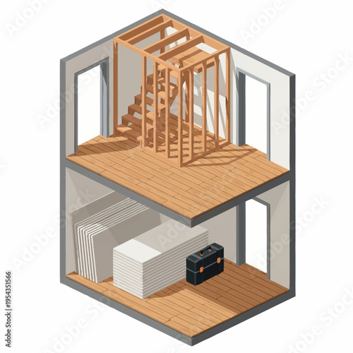 Isometric view of a two story house interior under construction with wooden framing.