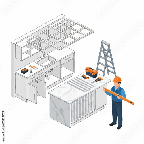 Kitchen Renovation Project with Construction Worker and Tools.