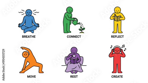 Colorful Self-Care & Well-being Icons: Breathe, Connect, Reflect, Move, Rest, Create for a Healthy Lifestyle
