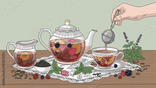 Hand pouring aromatic fruit and herbal tea into a cup, with elegant teapot, fresh berries, mint, and loose leaf tea on a lace mat
