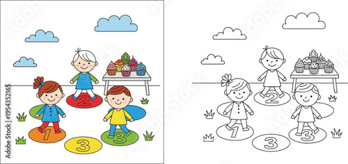 Children playing a number jumping game with cupcakes on a playground, coloring book page and full color illustration set