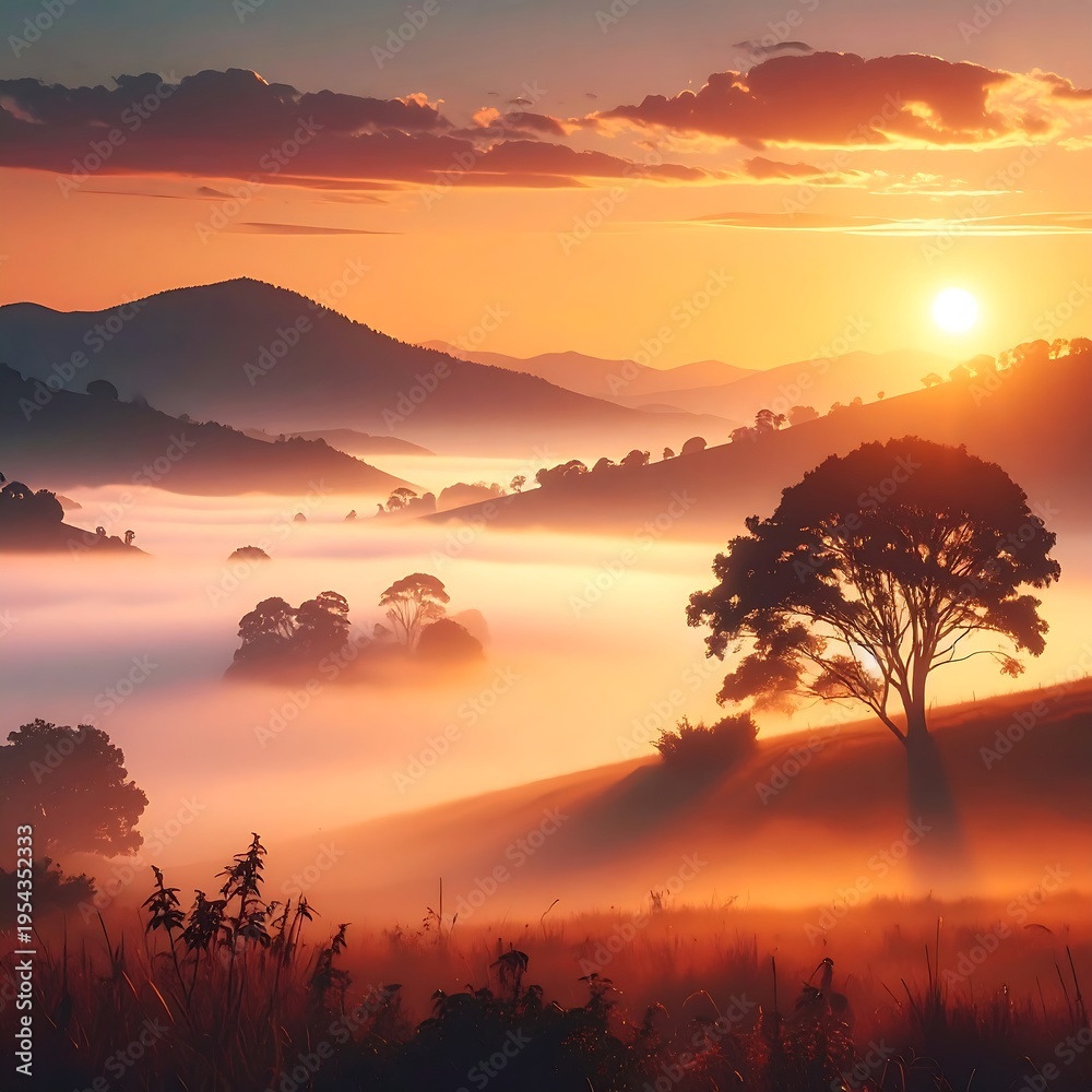 Fototapeta premium A serene landscape at sunrise with foggy valleys and silhouetted trees (1)
