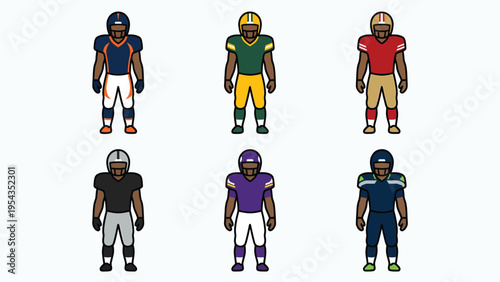 Set of Cartoon American Football Players in Diverse Team Uniforms