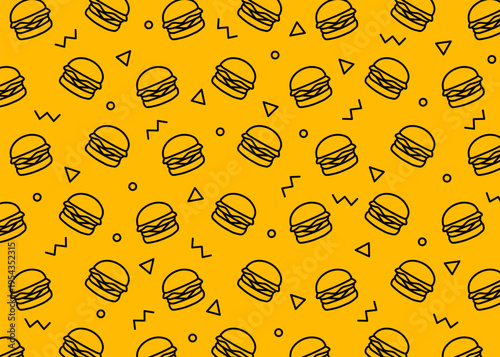Burger illustration pattern with gold background, food packaging, menu illustration hand drawn print ads, food business, restaurant