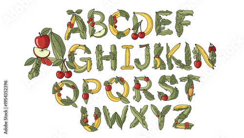 Vibrant Fruit and Leaf Alphabet Illustration. Nature-Inspired Lettering for Healthy Food and Education Concepts