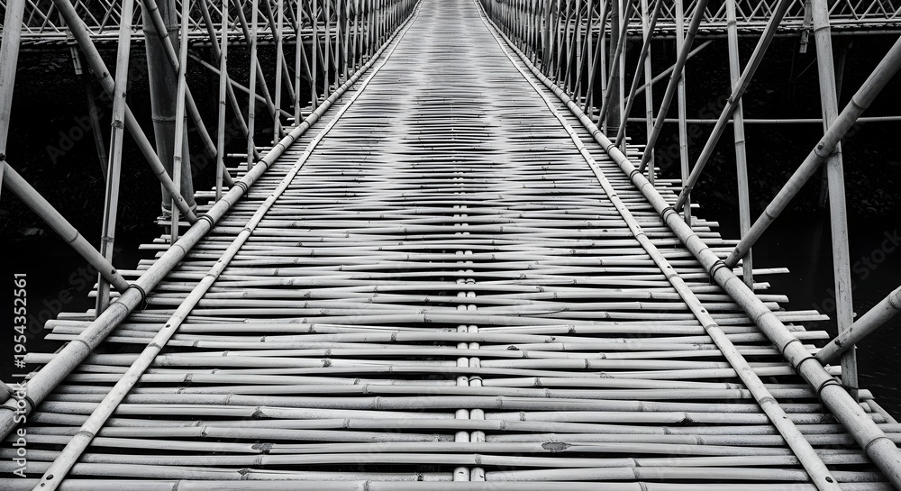 Fototapeta premium Bamboo Bridge in Black and White, Perspective View