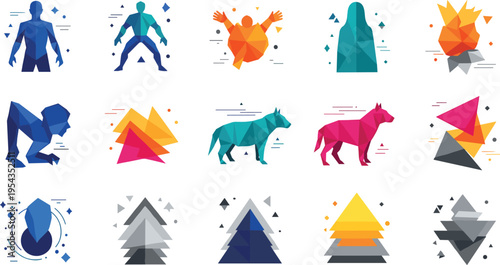 Modern abstract low poly geometric vector icon set featuring human silhouettes animals and colorful triangular shapes for branding
