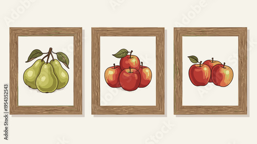 Rustic Framed Fruit Art Triptych: Hand-drawn Pears and Apples in Wooden Frames
