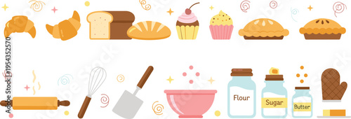 Bakery and pastry vector illustration set featuring bread croissant cupcakes pies and baking tools like rolling pin and whisk