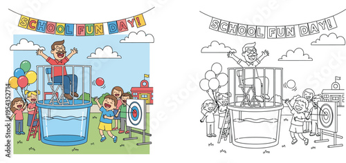 Children playing dunk tank game at a school fun day, coloring book page and full color illustration set