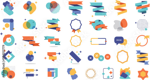 Colorful graphic design element set featuring ribbons badges geometric shapes and abstract labels for marketing and web branding