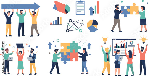 Business teamwork and data analysis flat vector set featuring people collaborating with puzzles arrows graphs and creative brainstorming ideas for corporate strategy and growth marketing projects