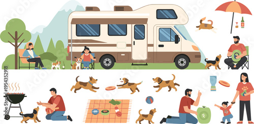 Family camping vector set with motorhome caravan cute dogs playing outdoors and people enjoying picnic barbecue summer vacation