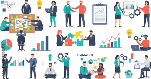 Business teamwork vector set with professional characters collaborating on puzzles sharing ideas and analyzing financial growth data charts