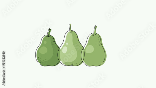 Three Green Pears Illustration. Fresh and Healthy Fruit Design on White Background.