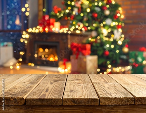 A wooden surface sits in front of a cozy living room with a blurred Christmas tree, fireplace, and presents