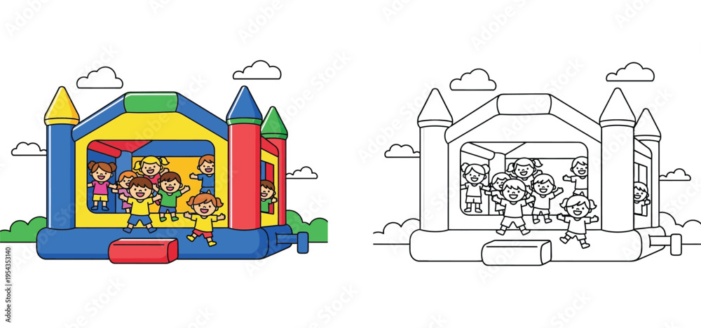 Fototapeta premium Diverse children playing in a bouncy castle, coloring book page and full color illustration set
