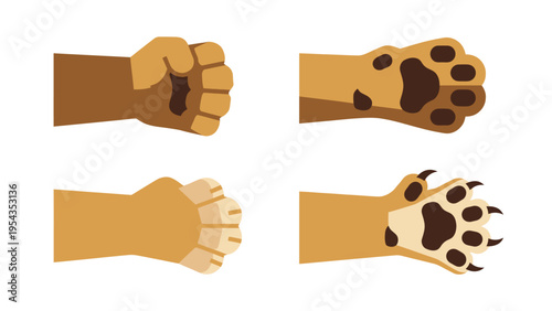 Human Hand and Wild Animal Paw Vector Set. Flat Illustrations of Fist, Open Hand, and Paw with Retracted & Extended Claws.