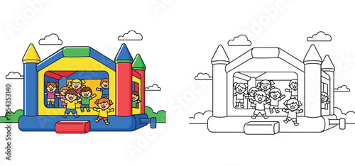 Diverse children playing in a bouncy castle, coloring book page and full color illustration set