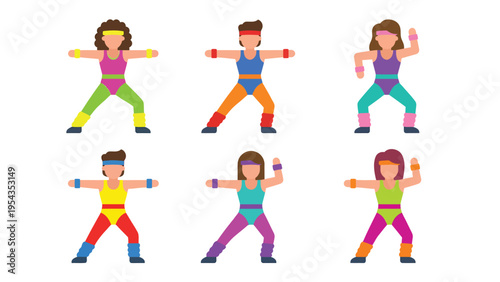 Vibrant 80s Aerobics Workout Women Flat Vector Set for Fitness & Retro Themes