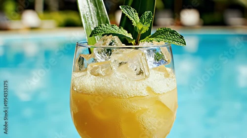 Close Up of Fresh Pineapple Juice Being Poured into a Glass with Ice Cubes and Garnished with Mint Leaves and Pineapple Fronds Near a Swimming Pool on a Sunny Day
