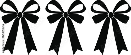 Black silk ribbon bow silhouettes set isolated on white background for gift box decoration holiday celebration birthday wedding greeting card.