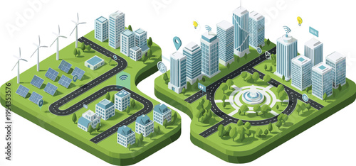 Isometric smart city vector illustration featuring sustainable urban infrastructure solar panels wind turbines green parks and modern skyscrapers