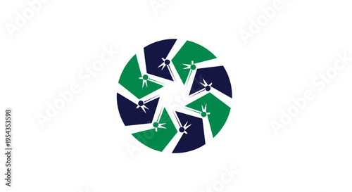 Circular Abstract Design with Rotating Elements in Green and Dark Blue