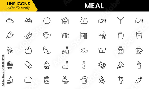 Meal icons depicting food dishes, dining, cooking, ingredients, nutrition, plates, utensils, breakfast, lunch, dinner, recipes, preparation, cuisine, and eating.