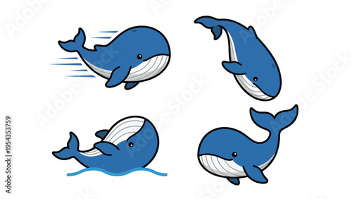 Cute Cartoon Blue Whale Set in Various Poses - Marine Animal Vector Illustration