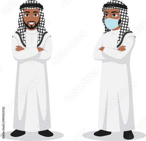 Middle Eastern Muslim man character set in white thawb and keffiyeh with arms crossed and wearing face mask