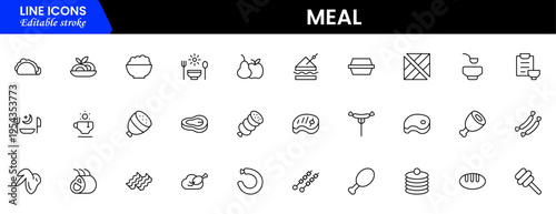 Meal icons depicting food dishes, dining, cooking, ingredients, nutrition, plates, utensils, breakfast, lunch, dinner, recipes, preparation, cuisine, and eating.