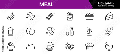 Meal icons depicting food dishes, dining, cooking, ingredients, nutrition, plates, utensils, breakfast, lunch, dinner, recipes, preparation, cuisine, and eating.