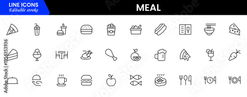 Meal icons depicting food dishes, dining, cooking, ingredients, nutrition, plates, utensils, breakfast, lunch, dinner, recipes, preparation, cuisine, and eating.