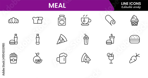 Meal icons depicting food dishes, dining, cooking, ingredients, nutrition, plates, utensils, breakfast, lunch, dinner, recipes, preparation, cuisine, and eating.
