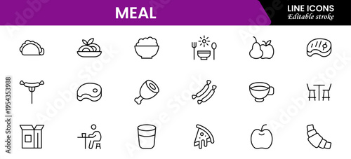 Meal icons depicting food dishes, dining, cooking, ingredients, nutrition, plates, utensils, breakfast, lunch, dinner, recipes, preparation, cuisine, and eating.