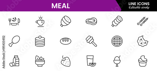 Meal icons depicting food dishes, dining, cooking, ingredients, nutrition, plates, utensils, breakfast, lunch, dinner, recipes, preparation, cuisine, and eating.