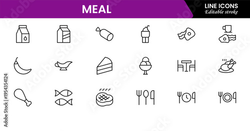 Meal icons depicting food dishes, dining, cooking, ingredients, nutrition, plates, utensils, breakfast, lunch, dinner, recipes, preparation, cuisine, and eating.