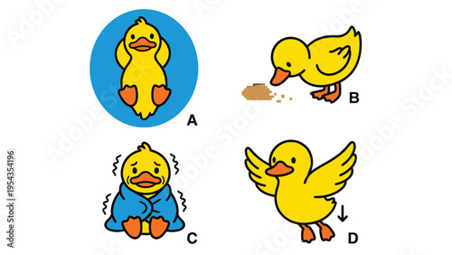 Adorable cartoon duckling set: floating, eating, shivering, and flying actions
